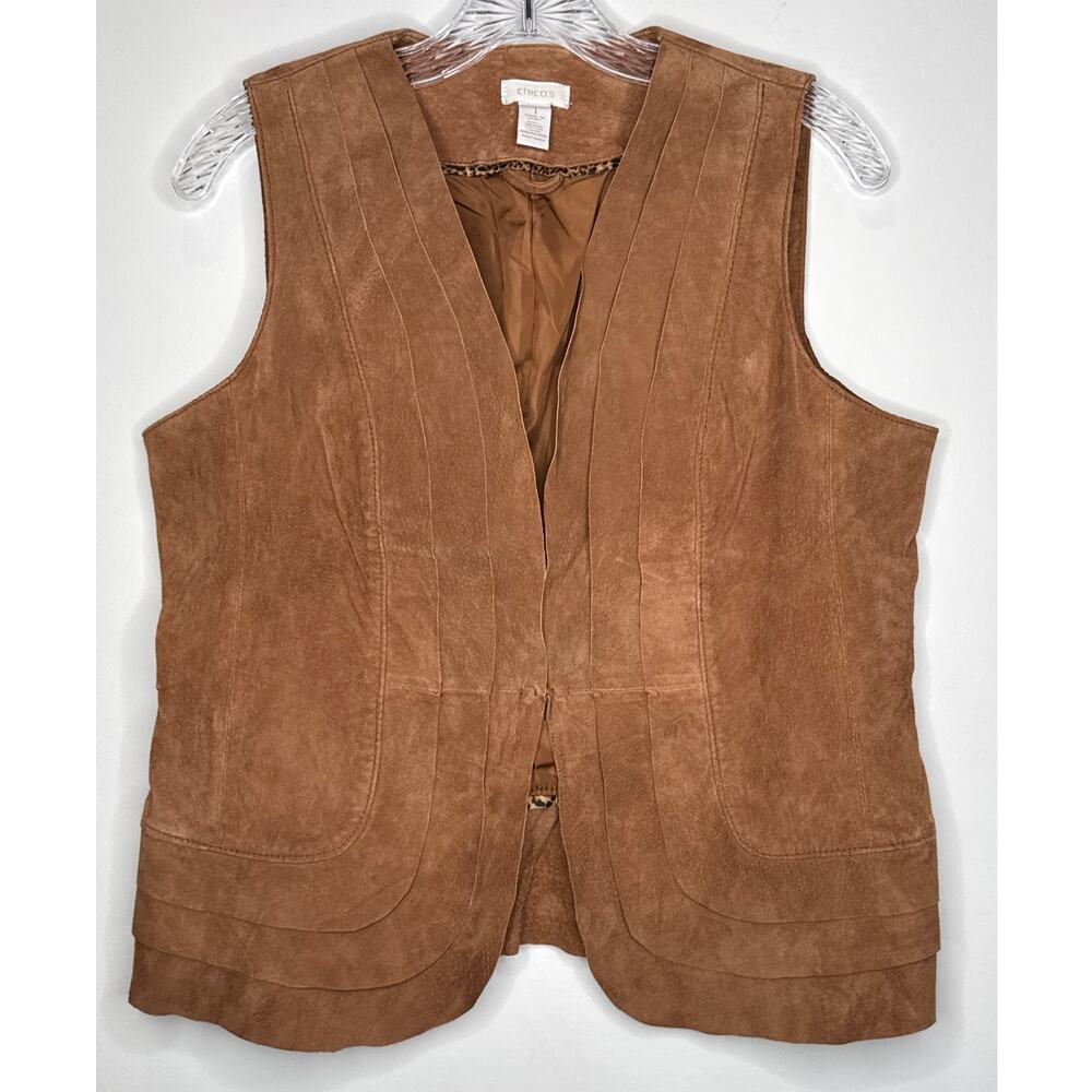 Chico’s Suede Leather Vest Brown Scalloped Hem western cowgirl Size 1 Medium